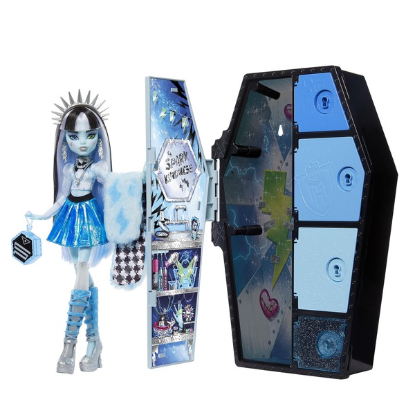 Monster High Skulltimate Secrets Fearidescent Series Doll & Accessories, Frankie Stein, Dress-Up Locker, Color Reveal Keys & 19+ Surprises