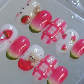 Tangle Pinky Watermelon Bear Handmade Nail Tip - Stiletto / 탱글 핑키수박 곰돌이 수제네일팁 - 스틸레토