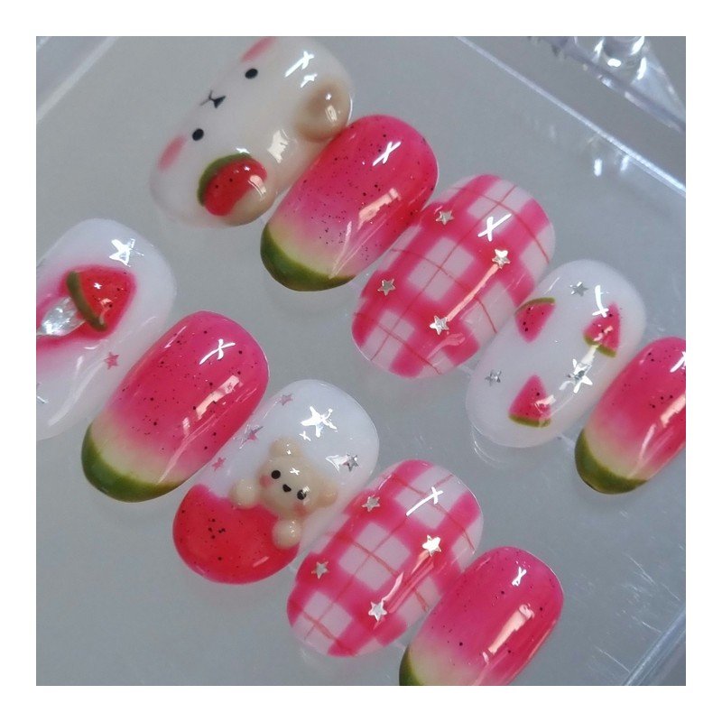 Tangle Pinky Watermelon Bear Handmade Nail Tip - Stiletto /