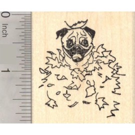 RubberHedgehog Pug Dog Sitting in Autumn Leaves, Thanksgiving Rubber Stamp G19005 WM