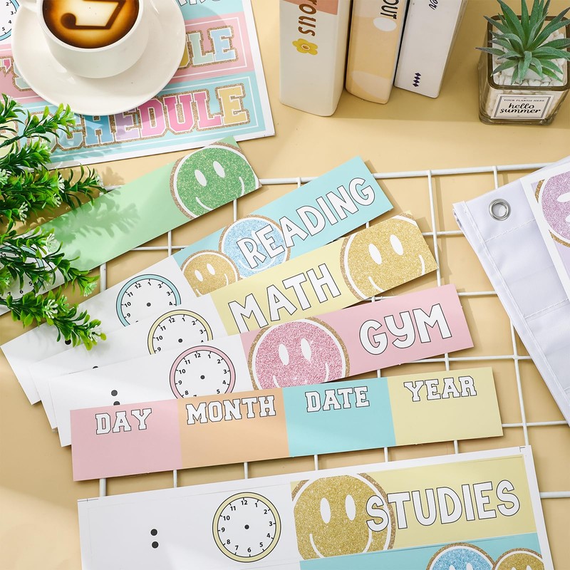 JarThenaAMCS Pastel Smile Face Daily Schedule Pocket Chart 13 x