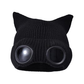 TAGVO Winter Knitted Beanie Hat with Goggles, Cute Cat Ears Winter Skull Cap, Warm Thick Fleece Lining Beanie, Windproof Beanies Hats for Outdoors Sport Skiing Hiking Cycling Black