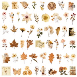 50 Pcs Dried Flower Stickers Aesthetic Autumn PET Transparent Stickers Vintage Plant Decals for Scrapbooking Waterproof Transparent for Resin Crafts Decorative (Dried)