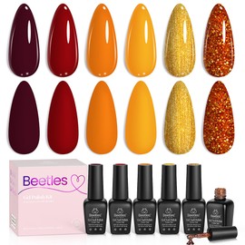 Beetles Gel Nail Polish Set 6 Fall Colors Gel Polish Red Orange Brown Glitter Kit DIY Home Nail Art Manicure Kits Gifts for Women Golden Blessing