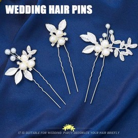 Casdre Pearl Wedding Hair Pins Silver Leaf Bridal Hair Accessories Rhinestone Hair Pieces for Women and Brides (Pack of 3) (Silver, One Size)
