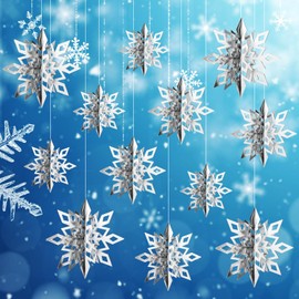 12 Pcs Hanging Snowflakes, Christmas Garland Snowflakes 3D Snowflakes Ornaments Paper Snow Flakes Decorating Hanging for Winter Xmas Wonderland Party Decoration (Silver)