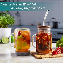 DRASTAR DRASTAR Mason Jar Cups with Handle,16 oz Glass Coffee Mugs with Straws and Acacia Lids & Airtight Lids, Drinking Glass Cups Set of 2, Glass Cup for Iced Coffee, Smoothie, Overnight Oats Containers