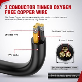 Nilight 100FT 18 Gauge 3 Conductor Electrical Wire Tinned Oxygen Free Copper Red Black Yellow 3 Wires Parallel 600V DC Flexible PVC Case Extension Cords for LED Strips Lamps Lighting