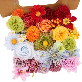 Artificial Flowers Combo Box Set, 38pcs Mix Flowers Dahlia Silk Roses, Daisy & Hydrangea with Stems for DIY Wedding Bouquets, Bridal Shower Centerpieces, Party & Home Decor, Floral Arrangement