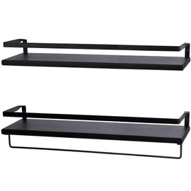 Peter's Goods Floating Wall Shelves with Rail, Large, Modern Black – Set of 2 Shelves with Towel Rack Bar – Contemporary Design Wall Mounted Wood Shelf for Bathroom, Living Room, Entryway, Game Room