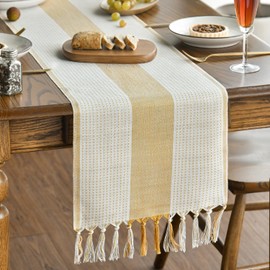 Artoid Mode Boho Yellow Rural Rustic Farmhouse Tassel Table Runner, Birthday Wedding Kitchen Dining Table Decoration Holiday Party Decor 33x183 cm