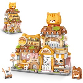 Street View Cute Cat Shop Mini Building Blocks, MOC Creative Building Toys Cute Animals Building Set for Girls 6-12, Simulation Architecture Construction Toy, Gift Idea for Kids Adults (917 PCS)