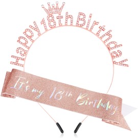 Atoden 18th Birthday Sash and Crown 18th Birthday Decorations for Girls 18 Year Old Tiara Headbands Eighteen Hairband 18th Birthday Gifts for Daughter Princess (Rose Gold)