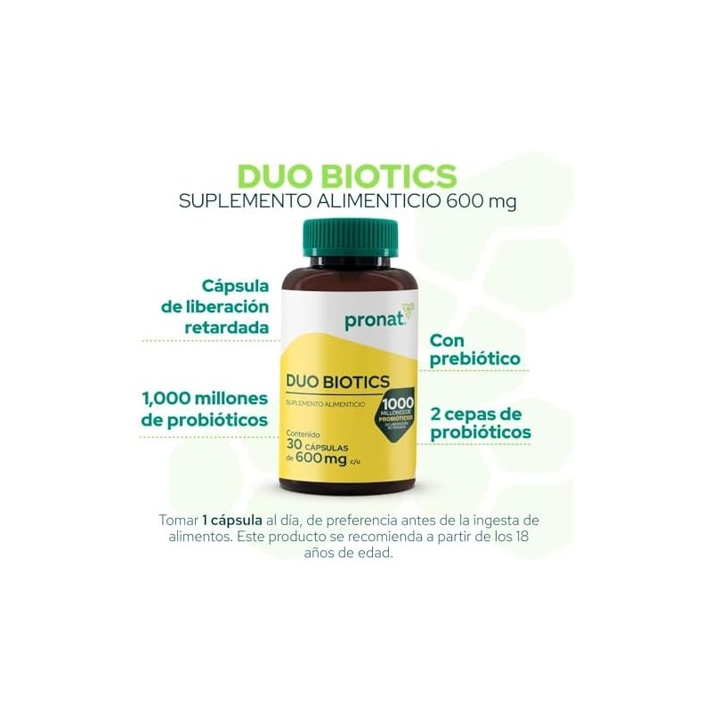 PRONAT Probióticos Duo Biotics, Suplemento Alimenticio, con Prebióticos, 30 Cápsulas