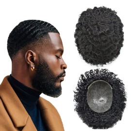 Afro Hair Units for Black Mens Toupee Men Weave Human Hair Replacement System African American Curl Hair Pieces Injected PU Male Afro Hairpiece 10mm Wavy-1# Jet Black