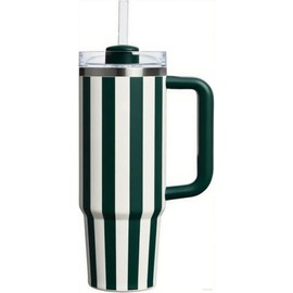 30 oz Tumbler with Handle and Straw, Kid Tumbler with Lid and Straw, 304 Stainless Steel Child Tumbler, School Sports Outdoor (Green Stripes)