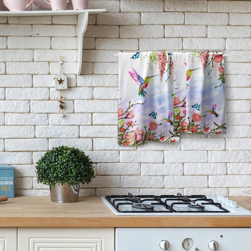 Pink Floral Hand Towels Set of 2 Hummingbird Butterfly Soft
