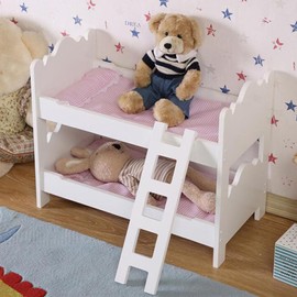 Doll Bunk Bed, Wooden Doll Bed for 18 Inch Dolls with Ladder & Pink Bedding, Easy Assembly American Girl Doll Furniture, White and Pink Pretend Play for Kids