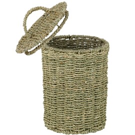 hardcometrue Boho Wicker Trash Can with Lid,Waterproof Bathroom Trash Can Hand Woven Wicker Waste Baskets for Kitchen Office Bedroom