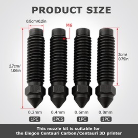 6 pcs Hardened Steel Nozzles for Centauri, 0.2 0.4 0.6 0.8 mm Thread Print Head High Temperature Pointed Nozzles for Elegoo-Carbon 3D Printer Highflow Hotend Extruder (Color:Black)