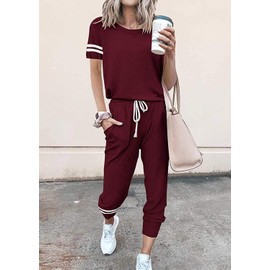 PRETTYGARDEN Women Summer Two Piece Outfits Striped Short Sleeve Pullover and Long Pants Tracksuit Travel Pajama Lounge Set (Wine Red,Small)