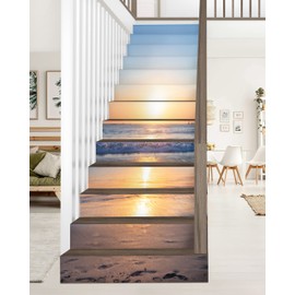 FLFK Stair Decals - Stair Stickers Decals Peel and Stick,Sunrise Beach Stair Risers Decals Self-Adhesive for Home Decor, 39.3" W x 7" H x 13Pcs