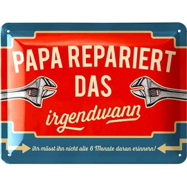 LANOLU Retro Blechschild Papa repariert das irgendwann - Schild Papa zum Vatertag - lustiges Geburtstagsgeschenk für Mann und Vatertagsgeschenk, 15x20cm