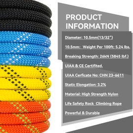 SEAMUS Static Rope 10.5mm UIAA Rappelling Rope 45M (150ft) Static Line Nylon Kern Mantle Rope for Rock Climbing, Mountain Tree Climbing, Hauling, Rescue