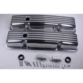 CNCRSR For SBC Chevy 58-86 Finned Tall Valve Cover &15'' Air Cleaner & PCV Breather Kit