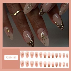 Almond Press On Nails Medium Fake Nails Star Rhinestone With 3D Gold Design French Tip False Nails Nude Full Cover Artificial Glue On Nail Acrylic Stick On Nails For Women Manicure Art 24pcs