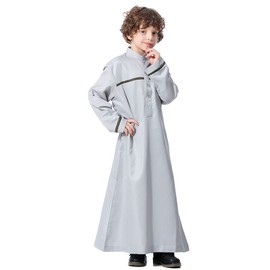 IDOPIP Muslim Thobe Islamic Thobe for Boys Kids Long Sleeve Button Down Arabic Kaftan Robe Suit Middle East Loose Full Length Cover Prayer Thobes Dress Modest Clothes with Pockets Gray 4-5 Years