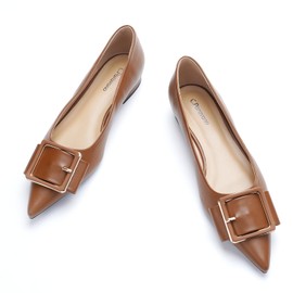 Women's Pointed Toe Square Buckle Flats Elegant Slip-On Ballet Flats Comfortable Dressy Shoes for Work Party Daily Wear(Size 9.5,Brown)