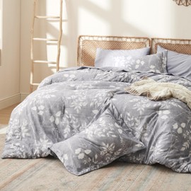 Bedsure King Comforter Set - 7 Pieces Grey Floral Bedding Sets King Bed in a Bag with Reversible Botanical Flowers Comforter, Sheets, Pillowcases & Shams