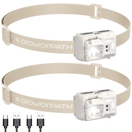 GloworPath Led Headlamp Rechargeable, Super Bright Headlight Flashlight with Red Light, Motion Sensor Head Lights for Forehead, Waterproof Lightweight for Adults, Outdoors, Camping, Running (2,Beige)