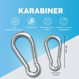 Der Traum Pack of 12 Stainless Steel Carabiner Hooks, 6 x 60 mm, Carabiner with Load Capacity of 140 kg, Ideal for Key Chains, Camping, Hiking, Travel, Fishing, Backpack (Silver)