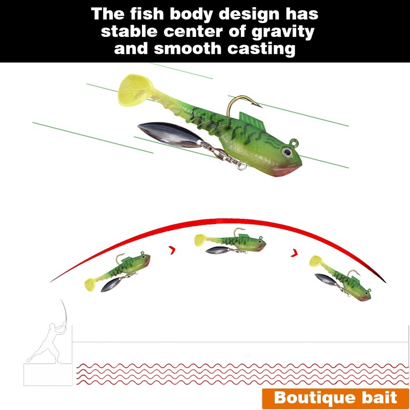 Lanzunn Fishing Lures Set, 5 Pieces, Soft Bait with Spinner