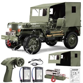 RC Jeep 1/10 Scale Willys Hobby RC Car Off-Road Military Crawler, 2.4Ghz Military Truck 4WD RC Crawler with Light, Tarpaulin, Metal Shaft, 4x4 Off Road Vehicle RTR Jeep Car, 2 Batteries