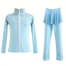 JoyCan Girl's Ice Figure Skating Training Suit with Colorful Diamond Plush Premium Skating Training Clothes for Young Skaters, Lightblue, 4-6 Years