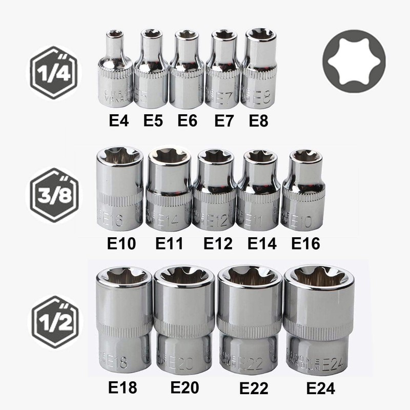 14Pcs Female E-Torx Star Socket Set, 1/4, 3/8, 1/2 in