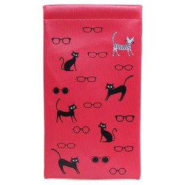 Pearl 098511 Eyeglass Case, Red, Cat and Glasses, Soft, Single Mouth, Insert Type