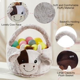 Yoisdtxc Easter Decorations Plush Easter Basket Cow 10inch Candy Buckets Storage Tote Bag with Plush Ear, Egg Hunting Bags for Kids (Cow)