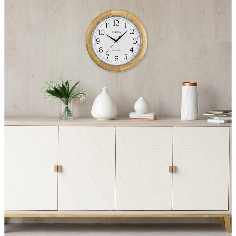 Bulova C5005 Wooden Atomic Analog Wall Clock | Automatically Sets