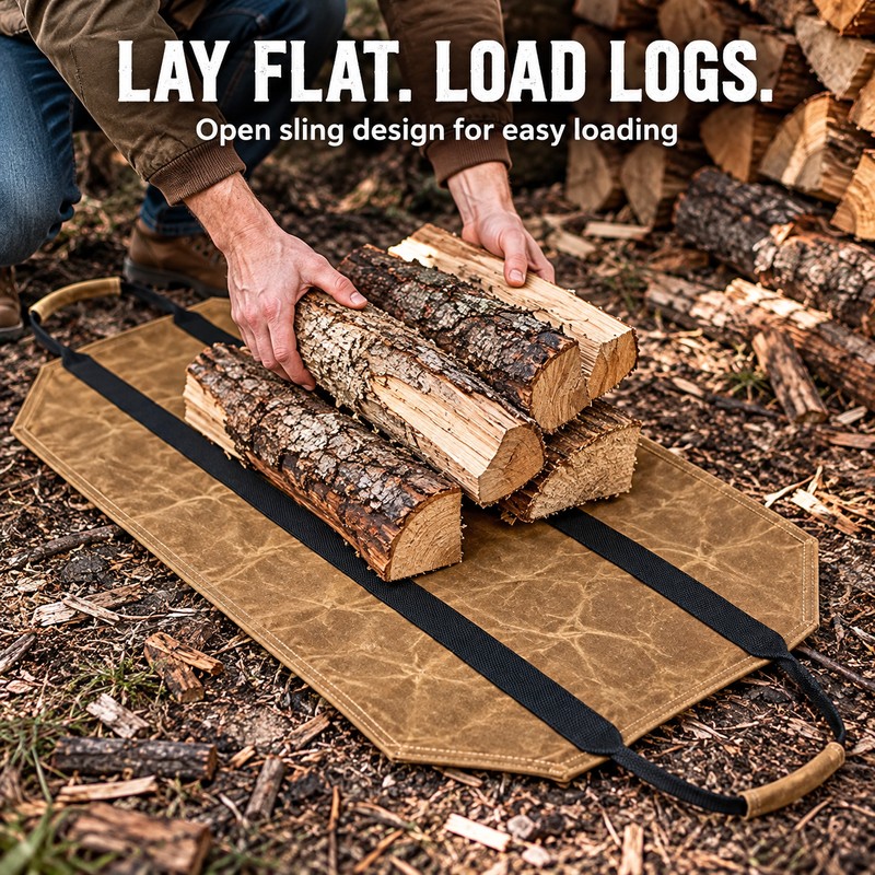 Waxed Canvas Firewood Carrier Bag with Reinforced Handles, Water-Resistant Log