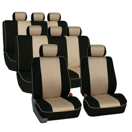 FH Group Car Seat Covers Three Row 8 Seater Cloth Car Seat Covers with Piping (Airbag and Split Ready) - Universal Fit for Cars Trucks & SUVs Beige/Black