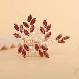 Teyglen Wine Red Rhinestone Wedding Hair Comb Bridal Pearl Crystal Hair Comb Hair Accessories for Bride Headpiece Hair Piece for Women (Wine red)