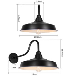 Diyel Solar Barn Light Outdoor, 16 Inch Dome Gooseneck Wall Light Solar Powered, Farmhouse Exterior Wall Sconce, Industrial Outside Lighting Fixture, Rustic Lantern for Garage, Barn, Shed, RZSR020W