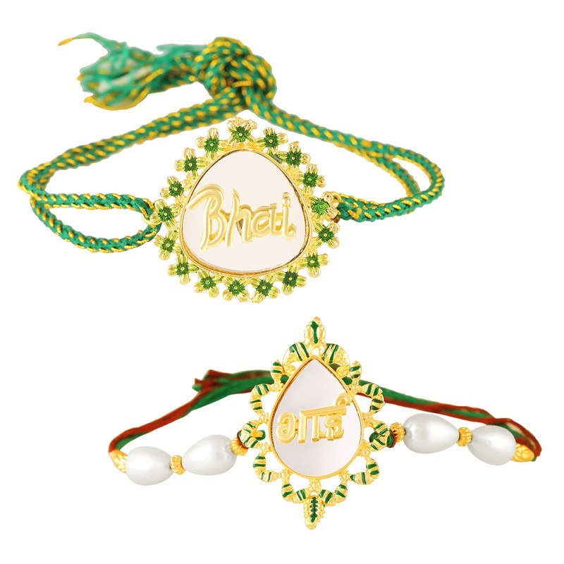 Mahi Gold Tone Bhai & Engraved Rakhi Combo Set of