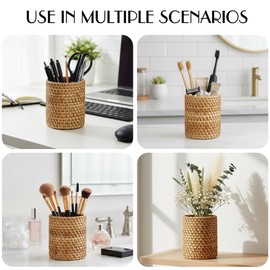 JANKOW Wicker Rattan Pencil Holder, Cylindrical Desk Organizer Cup, Natural Brown, for Office, Vanity, Kitchen, 1-Pack