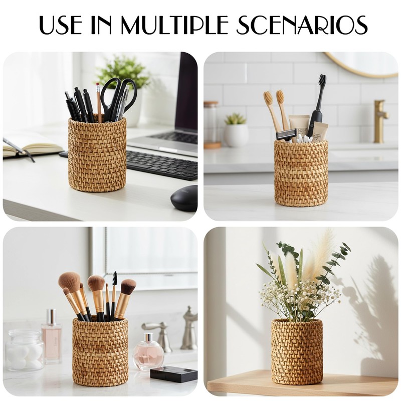 JANKOW Wicker Rattan Pencil Holder, Cylindrical Desk Organizer Cup, Natural