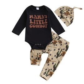 Baby Boy Cowboy Outfit Newborn Western Country Boy Clothes Cow Print Letter Bodysuit+Long Pants+Cap 3pcs Fall Clothes (A-Black, 3-6 Months)